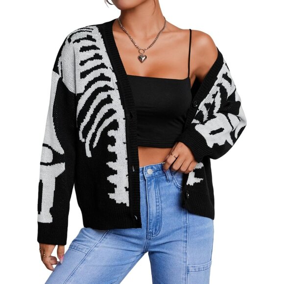 Women's Star Print Cardigan Sweater V Neck Drop Shoulder Long Sleeve - Picture 3 of 7